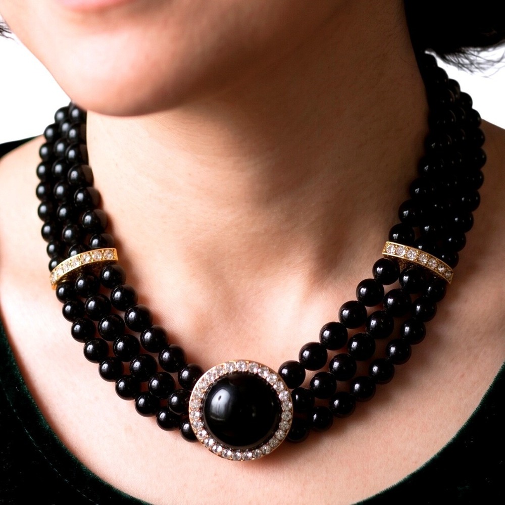 Vtg 3-Strand Black Faux Pearl Choker Large Rhinestone Focal & Gold Tone Spacers
